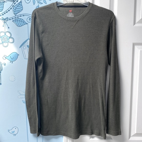 Hanes Waffle Thermal Olive Green Men's Crew Top Long Sleeves Tee Shirt Size L !! - Picture 1 of 10